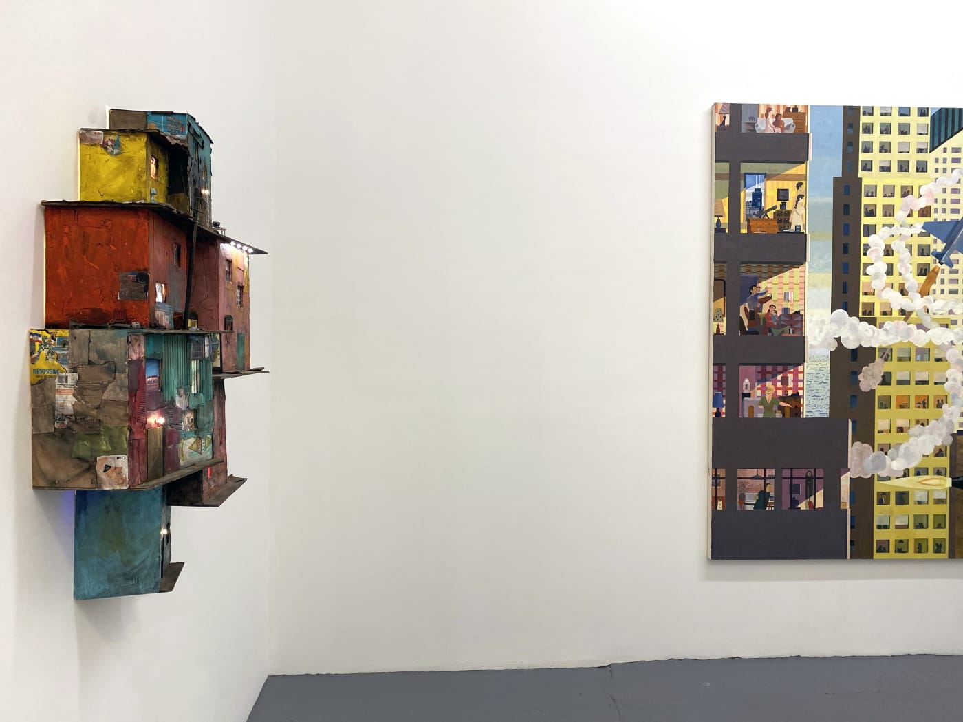installation photo of "room with a view" exhibition featuring Tracey Snelling sculpture and Aaron Zulpo painting