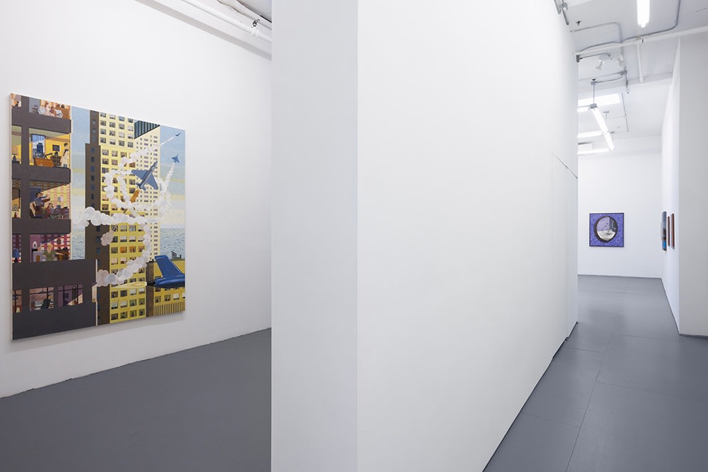installation photo of "room with a view" exhibition featuring paintings by various artists in white walls