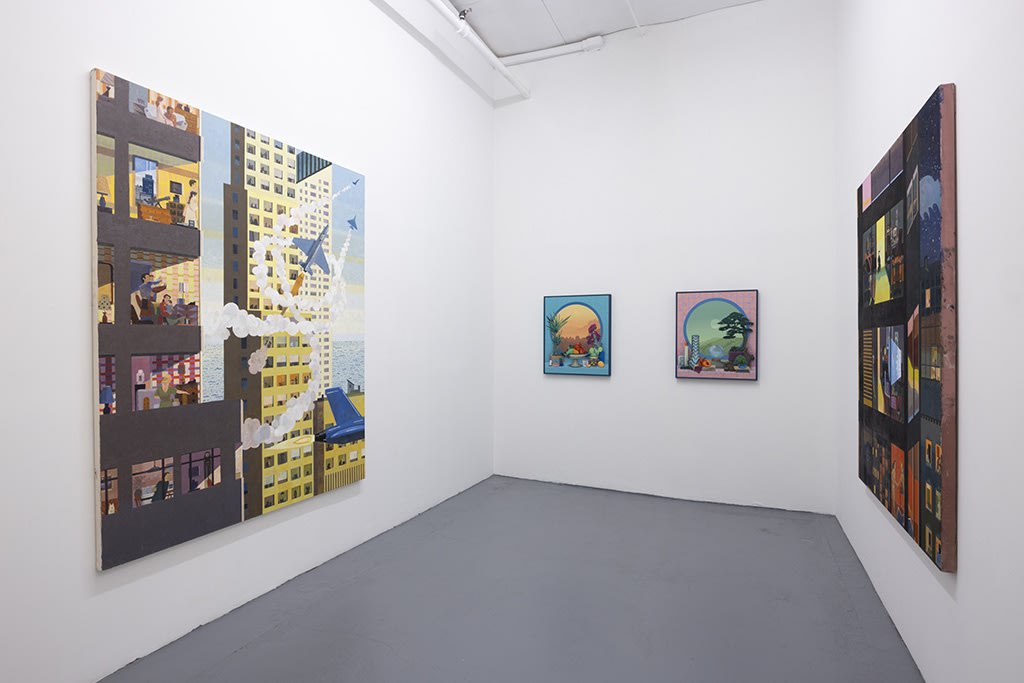 installation photo of "room with a view" exhibition featuring paintings by various artists in white walls