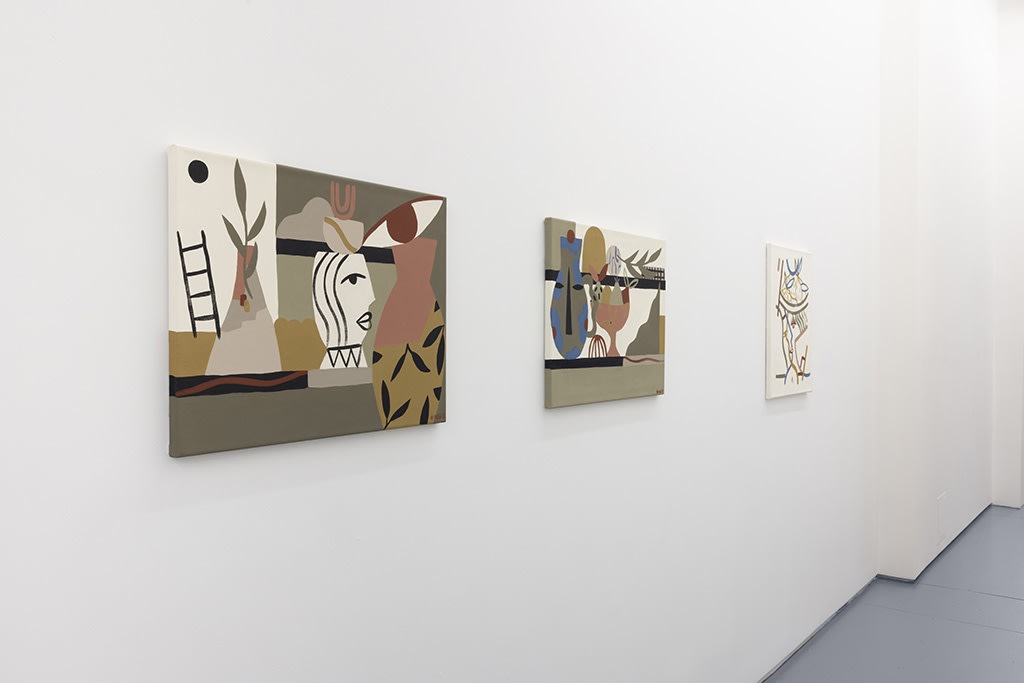 Installation image of collage like artworks from artist Madi