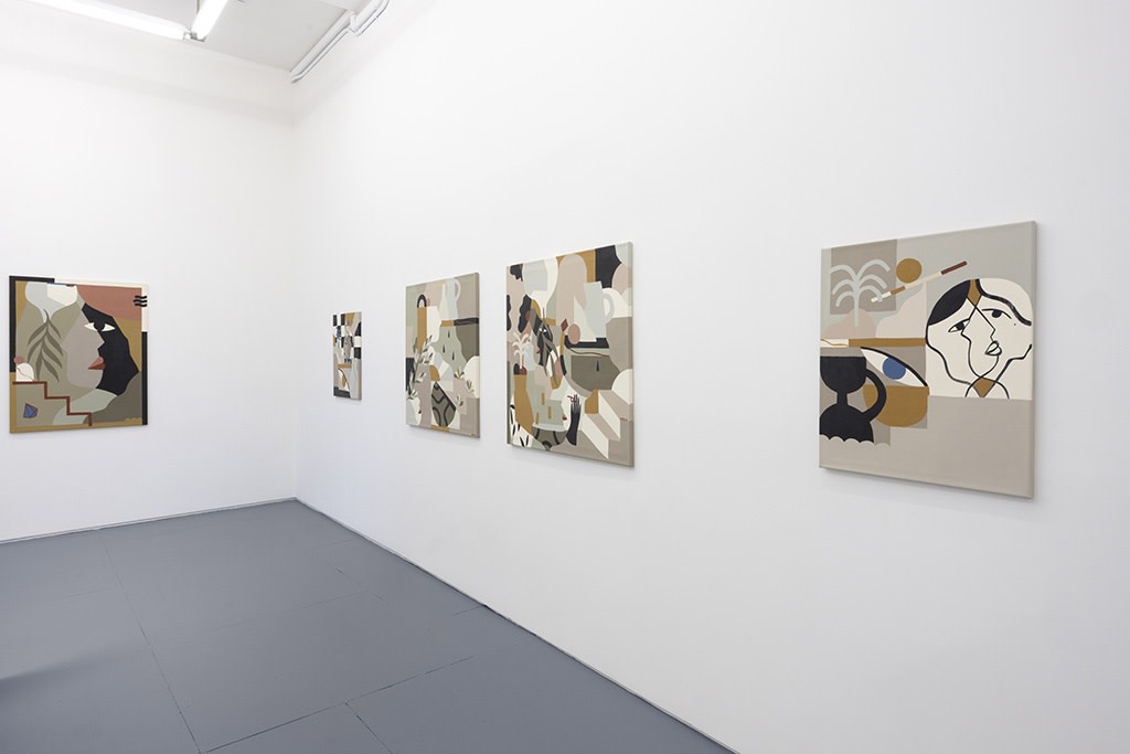 Installation image of collage like artworks from artist Madi
