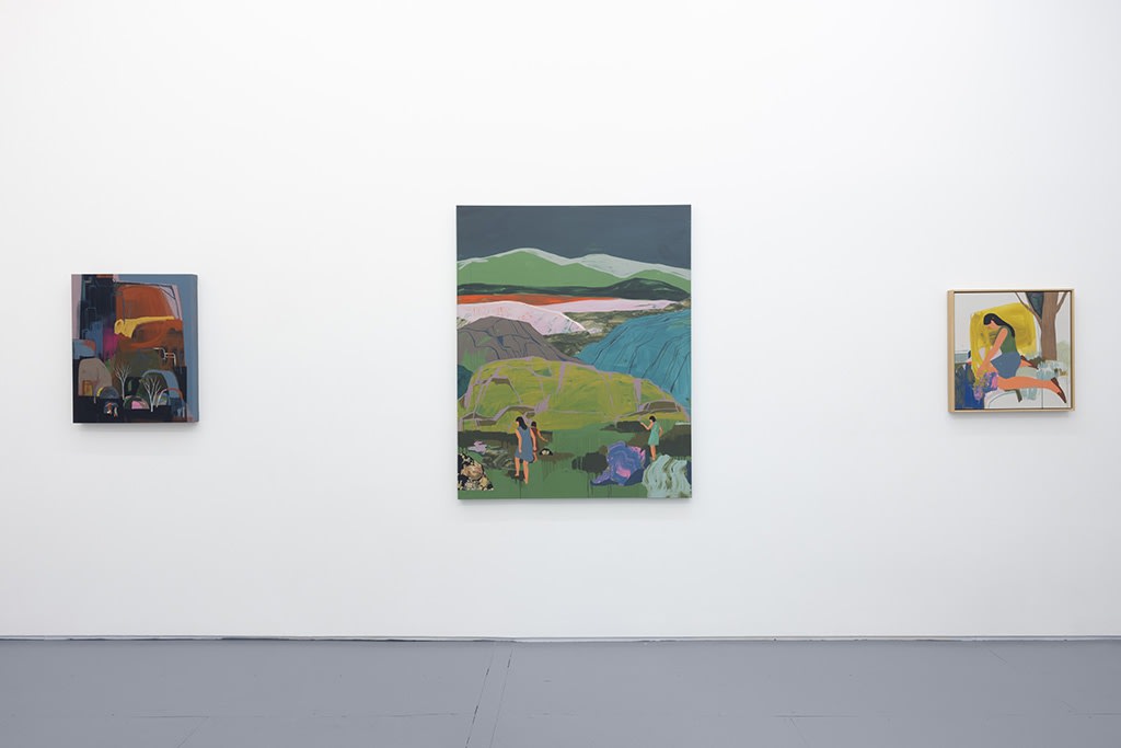 installation view of Seonna Hong artworks hung on white walls