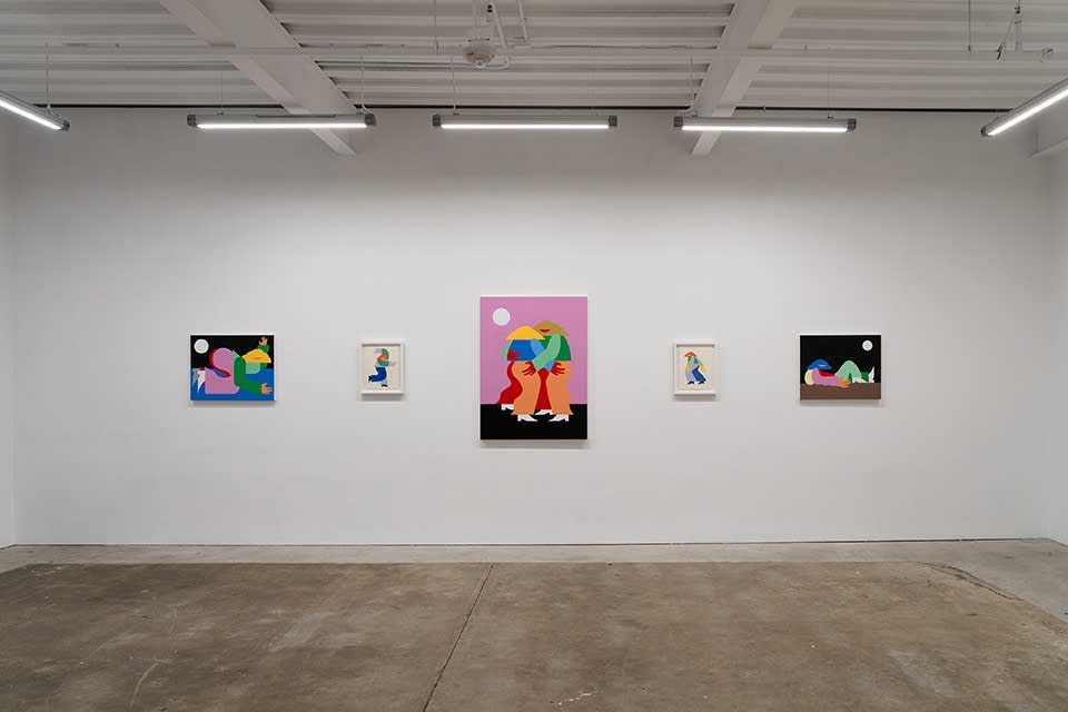 Installation view of Marbie's solo show "Good Love is Hard to Find," where images of abstracted figures, rendered in bright, color blocked hues, pose in various positions.