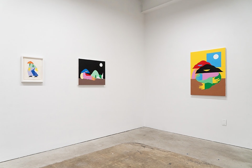 Installation view of Marbie's solo show "Good Love is Hard to Find," where images of abstracted figures, rendered in bright, color blocked hues, pose in various positions.