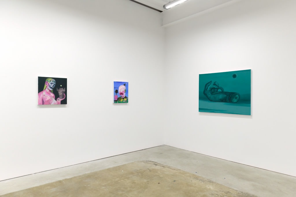 Installation photo of Maiden by Corey Lamb, left to right, "The Appraisal" "The Petulant One" "God-hand"