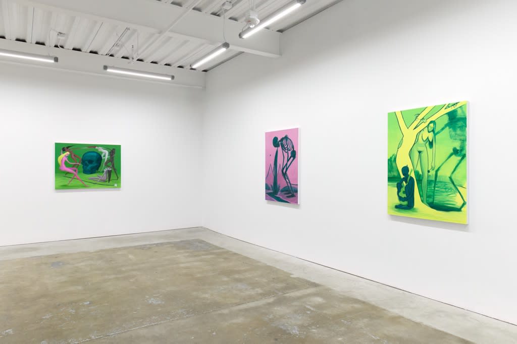 Installation photo of Maiden by Corey Lamb, left to right, "Daisy Chain" "Mourning Sickness" "A Time And Place"