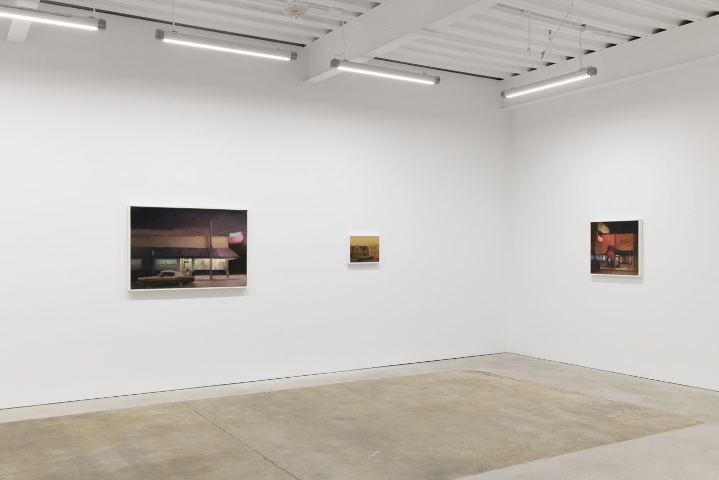 Installation image of Embers. Paintings - Slice of Life, Fire In The Sky, Last Call (left to right) at Hashimoto Contemporary San Francisco