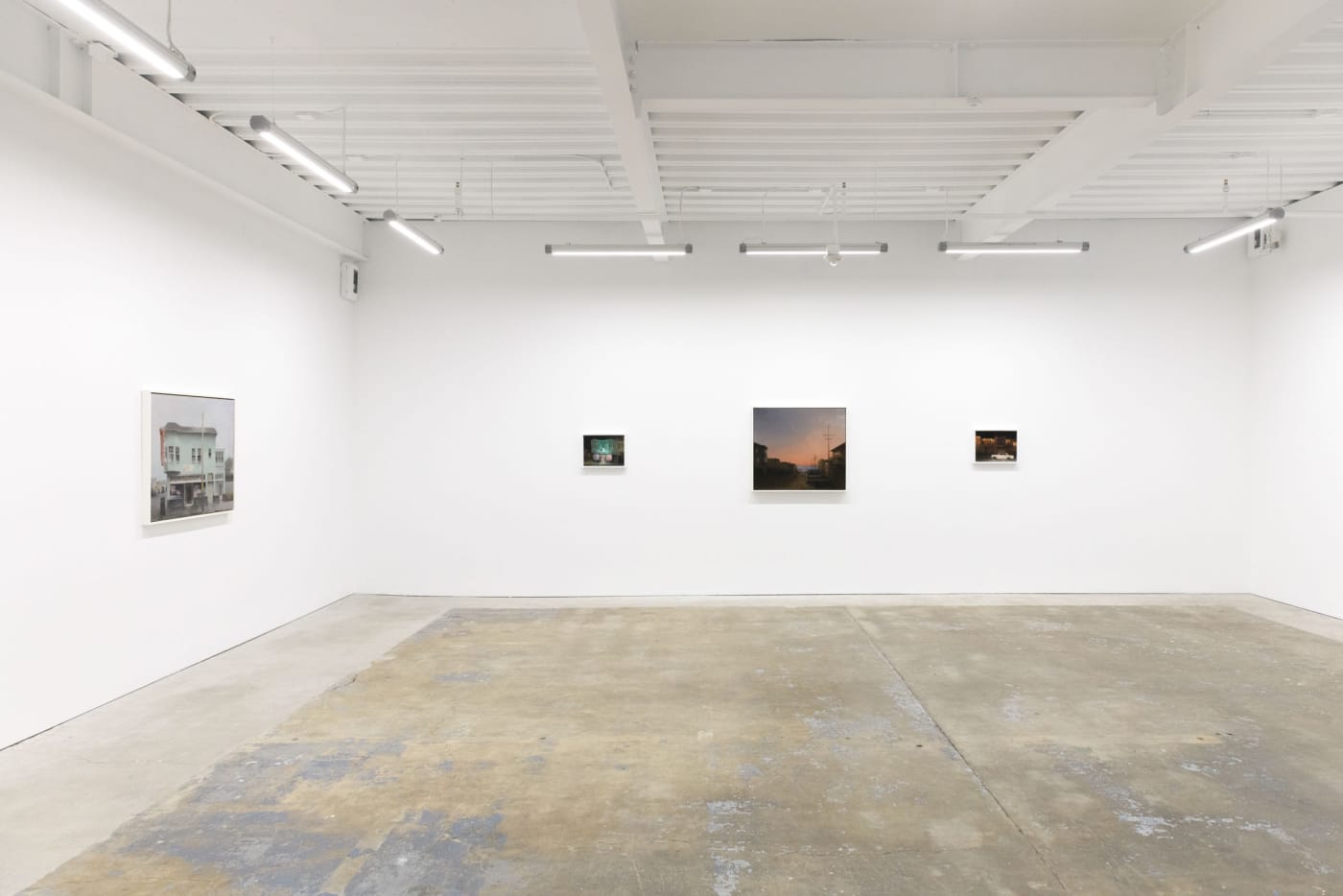 Installation image of Embers. Paintings - Gene's Liquor, Pay Little, Red Sky, Lights Cheer Up (left to right) at Hashimoto Contemporary San Francisco