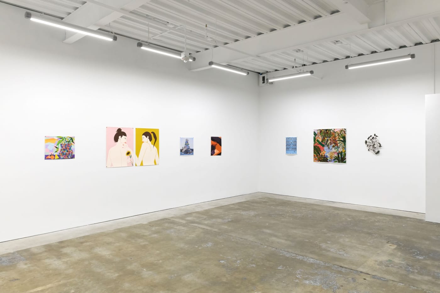Installation photo of Multiples. Prints from left to right, Karen Lederer - "Spray", Jillian Evelyn - "Adoration", Sabrina Bockler - "Centerpiece", Adrian Kay Wong - "Cherry", Anna Valdez - "Glass Domes with Cockatiels and Coyote Skull", Gregory Euclide -