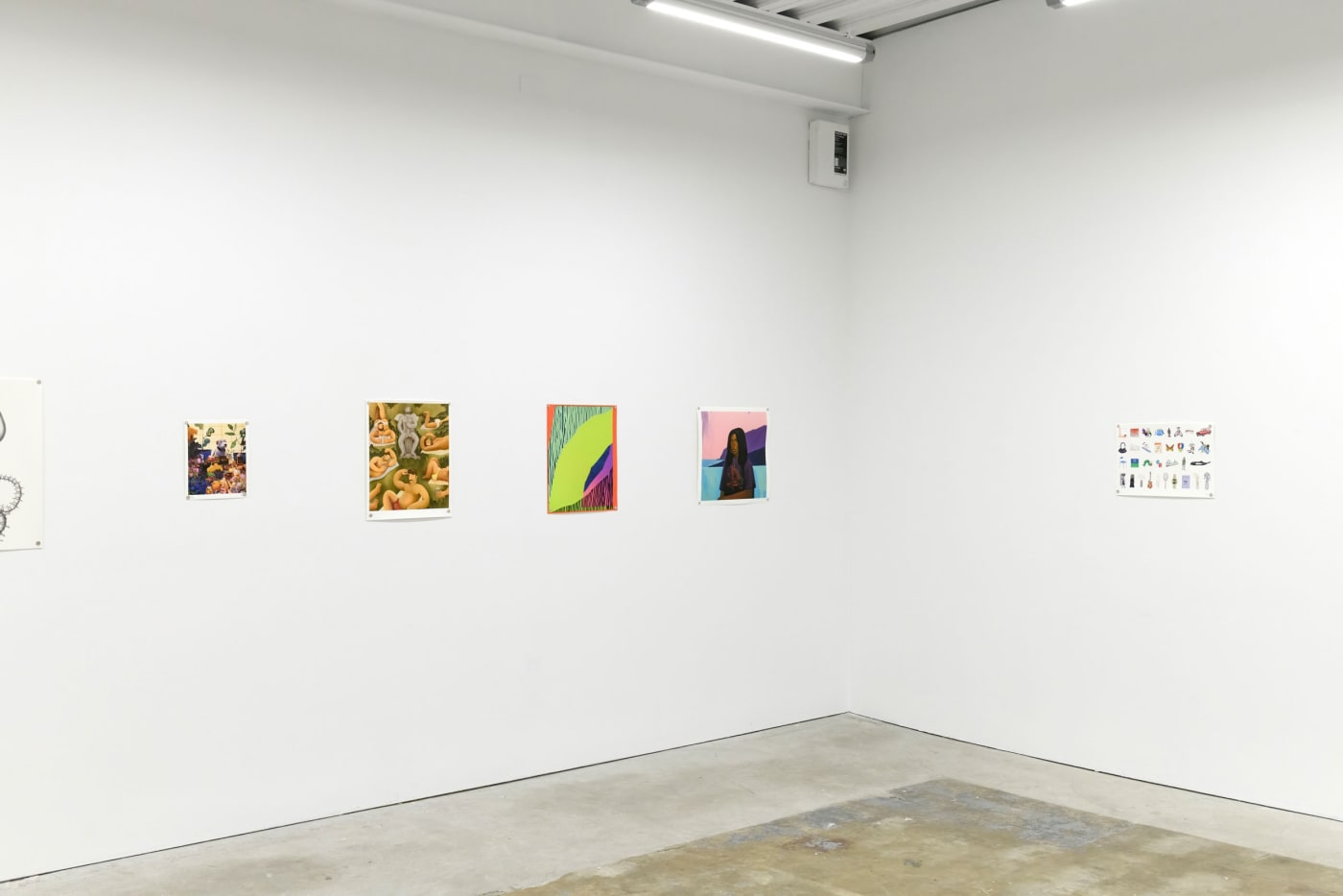 Installation view of Multiples, print from left to right, Devra Fox - "SPINAL CONNECTION #1", Nicholas Bono Kennedy - "Maybe I Can Have Some?", Carlos Rodriguez - "Cupid's Garden", Rachel Strum - "Above the Abyss. 0.1", Dennis Brown - "Marie", Andrew Watc