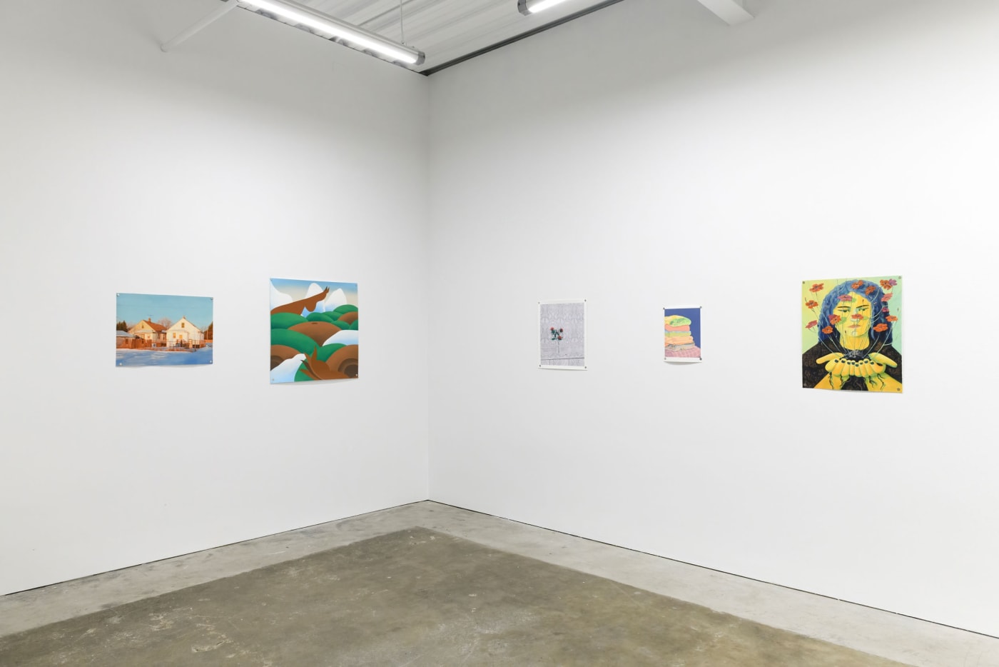 Installation photo of Multiples. Prints from left to right, Pat Perry - "Which World", Bianca Nemelc - "Woman of Moss", Francisco Diaz Scotto - "Espuma De Llanura", Danym Kwon - "You Are My Favorite", Genevieve Cohn - "Sowing Shadows".