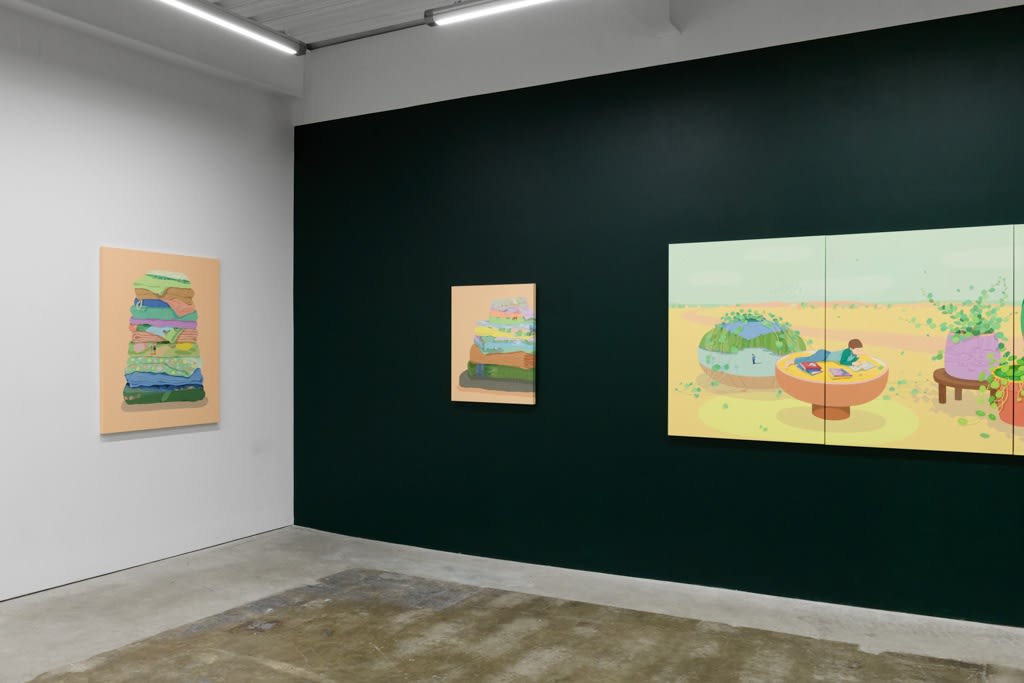 Install photo of Danym Kwon's "A Soft Day." From left to right, "You Smiled, and Sparkling Light Shined on the Water," "Slow Days," "The Season of You, My Dear."