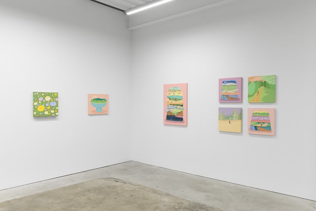 Install photo of Danym Kwon's "A Soft Day." From left to right, "Flower Study," "A Bowl of Loving Home," "Lean on Me," "Watching the Snow Softly Falling" (top), "Your First Snow" (bottom), "Listen Closely" (top), "With You I am Home" (bottom).