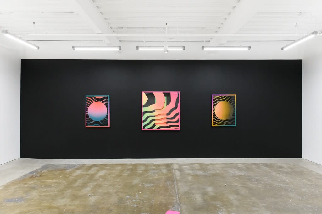 Install image of "Cosmic Bloom." From left to right, "GLEAMINGLOOP," "WAVEFORMPORTAL," "BLACKHOLEGLOW."