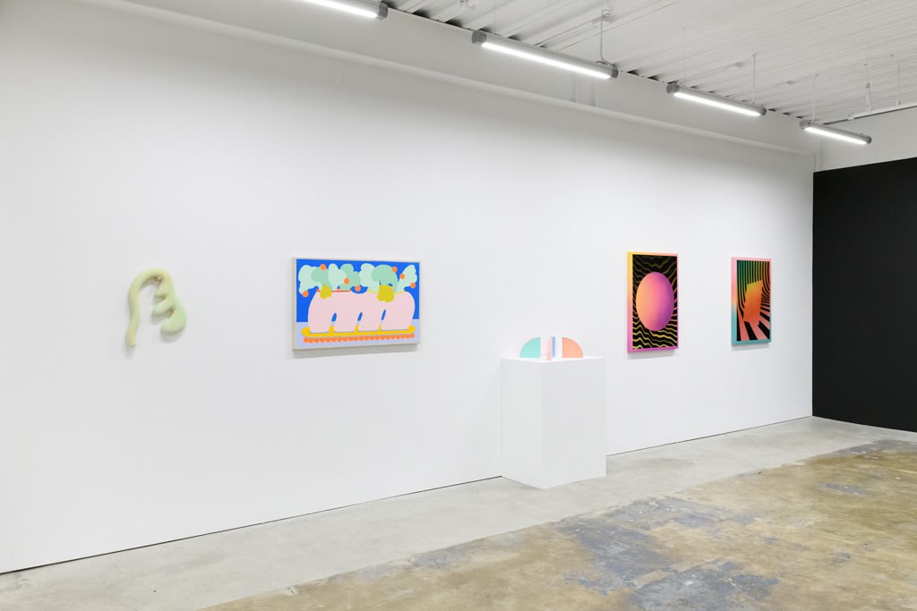 Install image of "Cosmic Bloom." From left to right, "Wall Frond," "Bouquet Painting No. 45," Rachel Strum's SLICE sculptures, "MOONSAFARI," "LIGHTFIZZ."