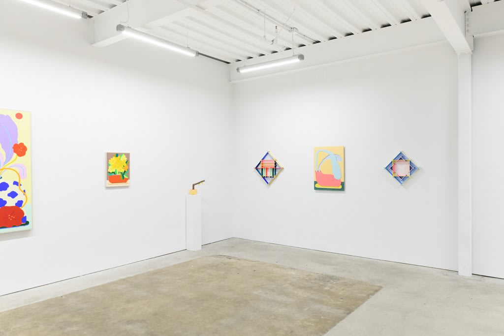 Install image of "Cosmic Bloom." From left to right, "Bouquet Painting No. 46," "Bouquet Painting No. 48," "Apple Elbow in Pale Peach & Luminous Yellow," "Sunset Swim," "Pulp Bouquet No. 03," "Triple Diamond."