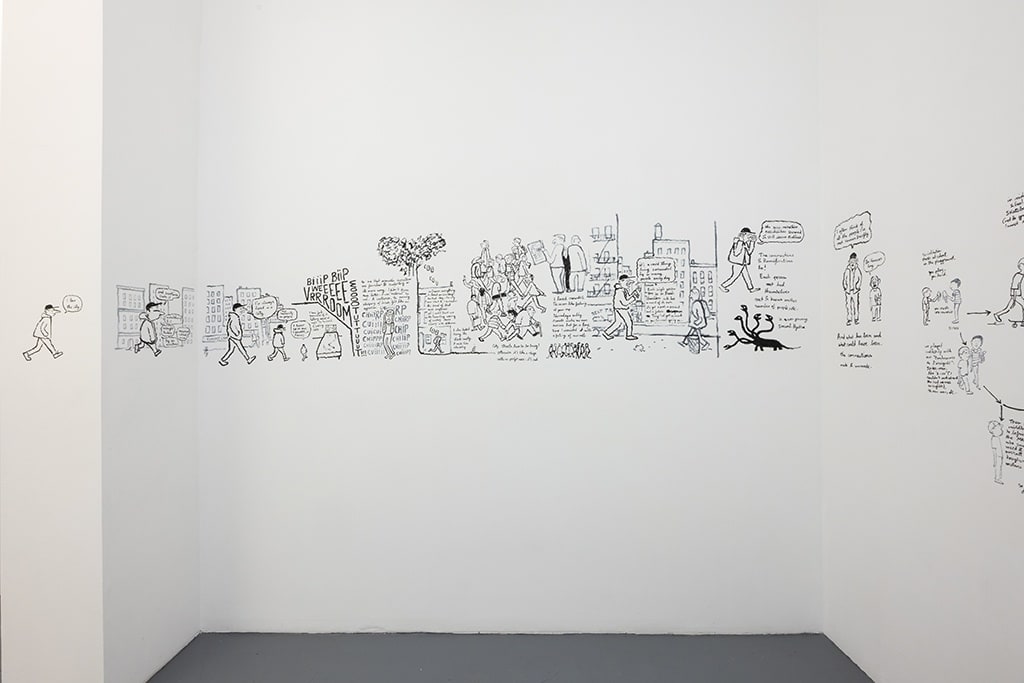 installation photo of mural by artist Jean Jullien for his solo exhibition "Lolo" at Hashimoto Contemporary NYC