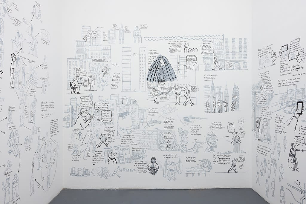 installation photo of mural by artist Jean Jullien for his solo exhibition "Lolo" at Hashimoto Contemporary NYC