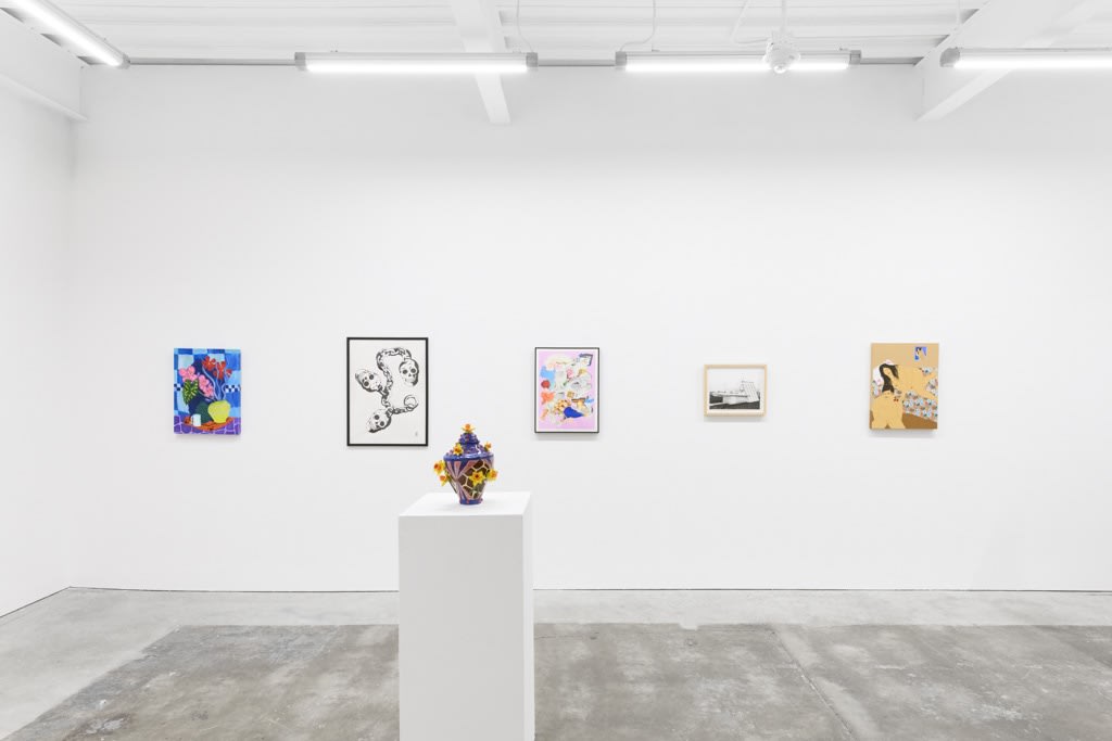 Install image of "Oddkin", from left to right, “Forever a Leaky Lip”, “THIS THING OF OURS”, “Untitled Urn #6”, “Pale Lilac Trash”, “A Craving”, “We Wanted The You and The Me For Ourselves”.