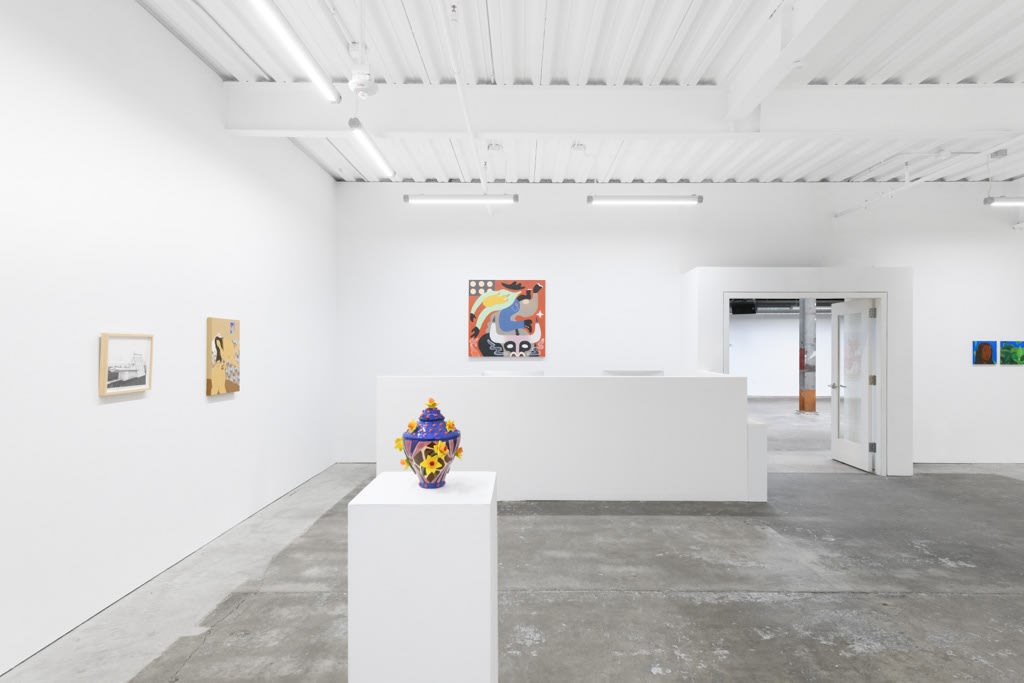 Install image of "Oddkin", from left to right, “A Craving”, “We Wanted The You and The Me For Ourselves”, “Untitled Urn #6”, “Rodeo”.