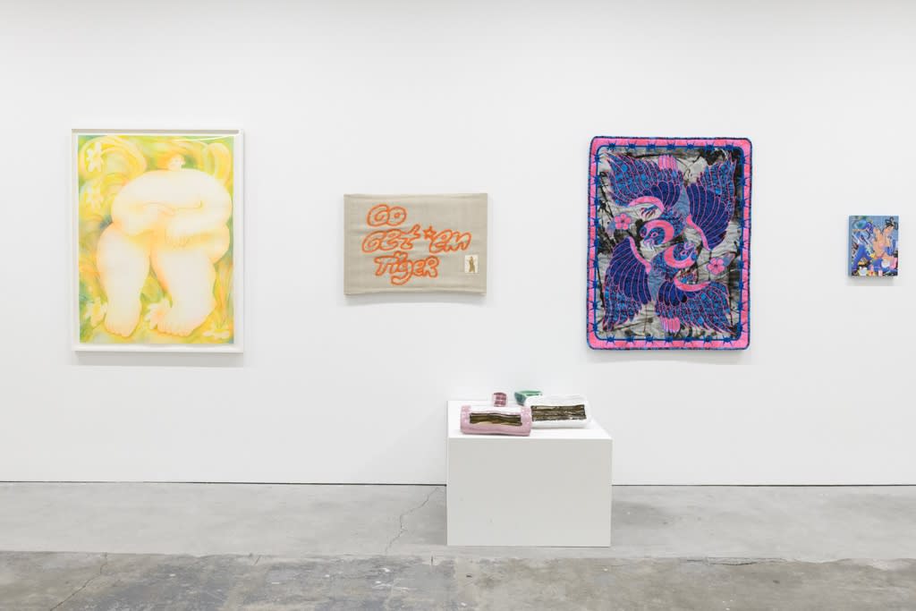 Install image of "Oddkin", from left to right, “I’m A Friend”, “Go Get 'Em Tiger”, “Pair of Razors”, “Night Flyers”, “We Eat Lunch at Noon”.