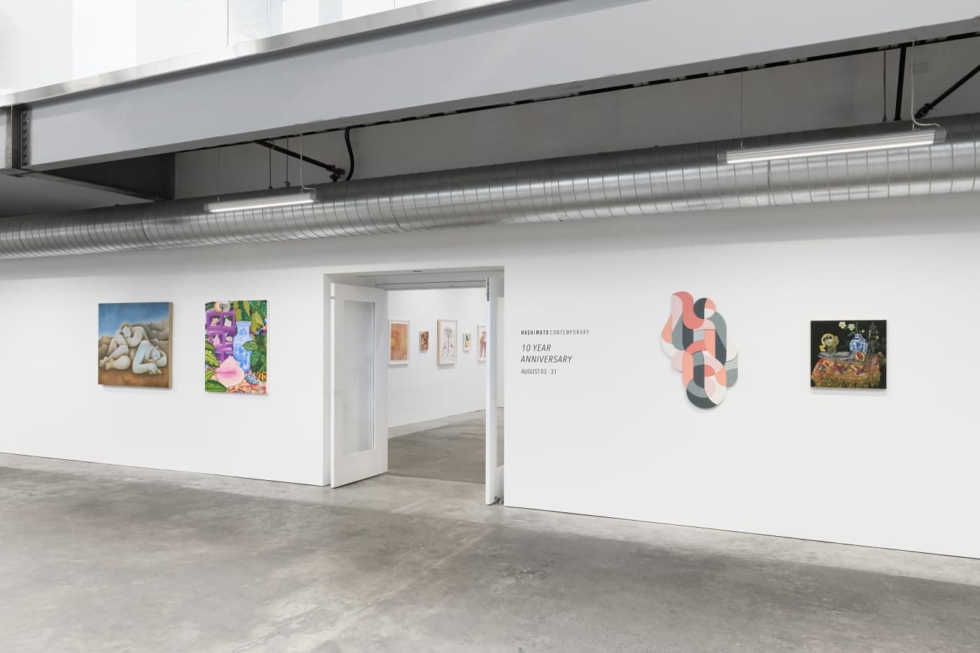 Installation shot from Hashimoto Contemporary's 10 Year Anniversary Group Exhibition, displaying the work of Carlos Rodriguez, Anna Valdez, Scott Albrecht, and Sabrina Bockler.