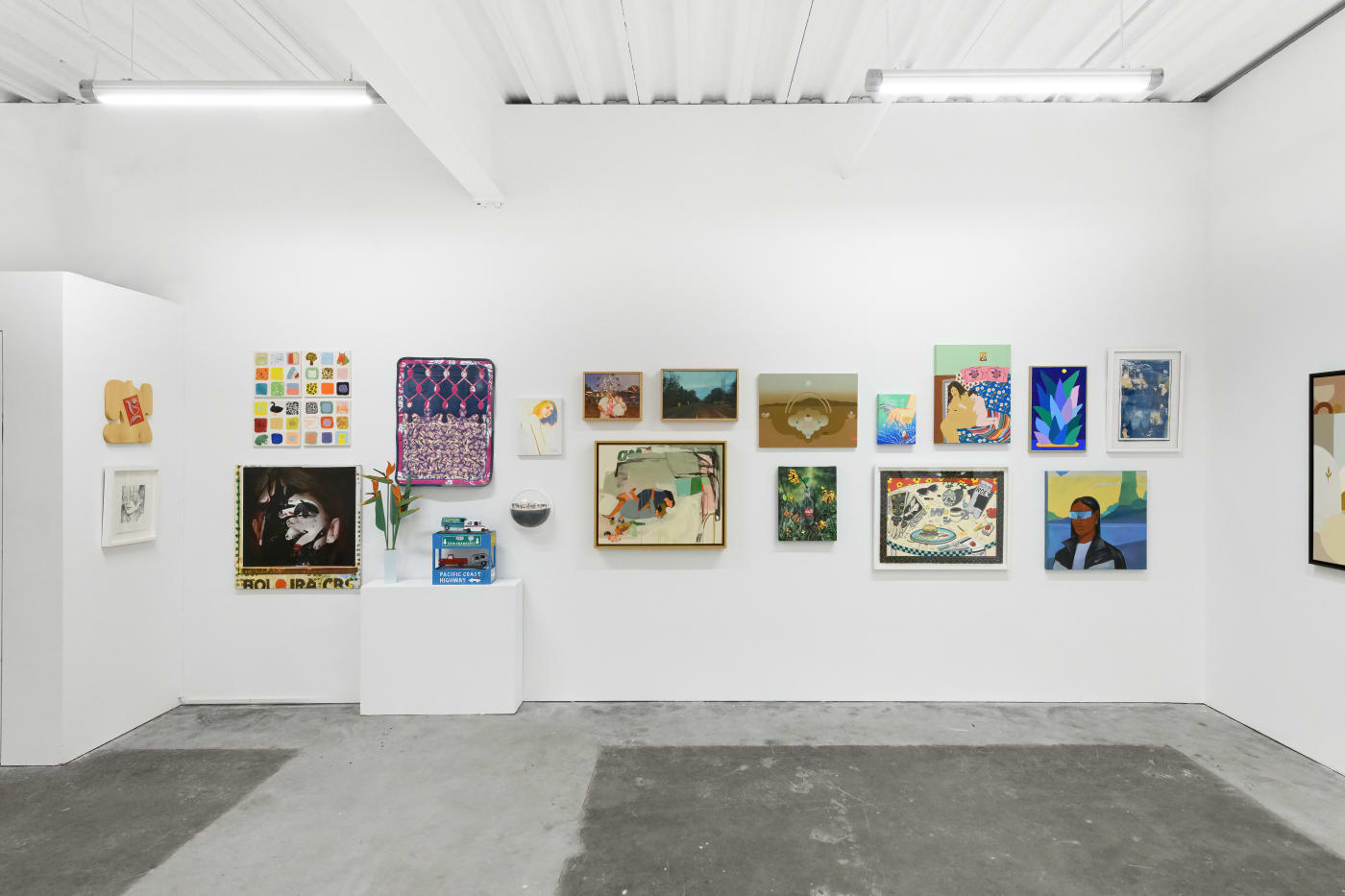 Installation shot of the salon style gallery wall from Hashimoto Contemporary's 10 Year Anniversary Group Exhibition