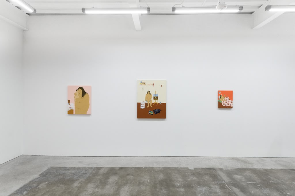 installation of Gina M. Contreras exhibition - white wall with three paintings of nude female figures