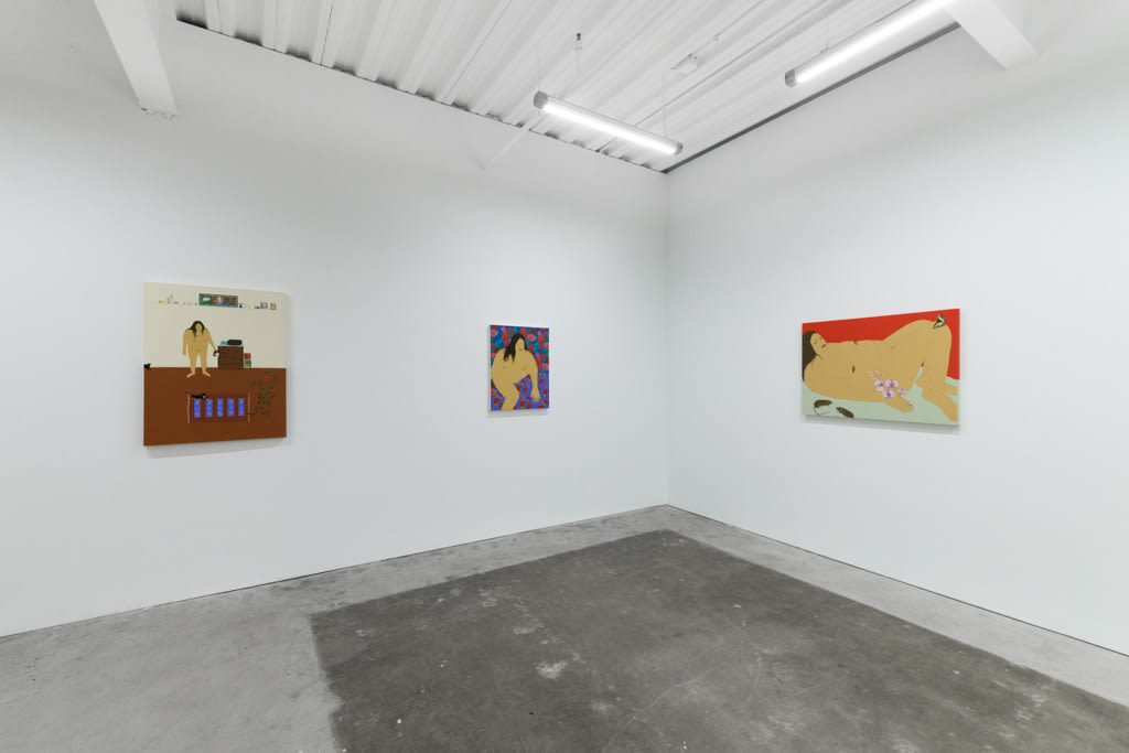 installation of Gina M. Contreras exhibition - corner view of white walls with three paintings of nude female figures