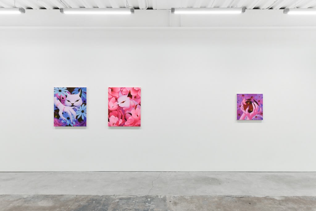 installation view of Megan Ellen MacDonald's exhibition "What Doesn't Kill You" at Hashimoto Contemporary San Francisco. From left to right: "Bite the Hand," "Bad Kitty," and "Spoiled Rotten"