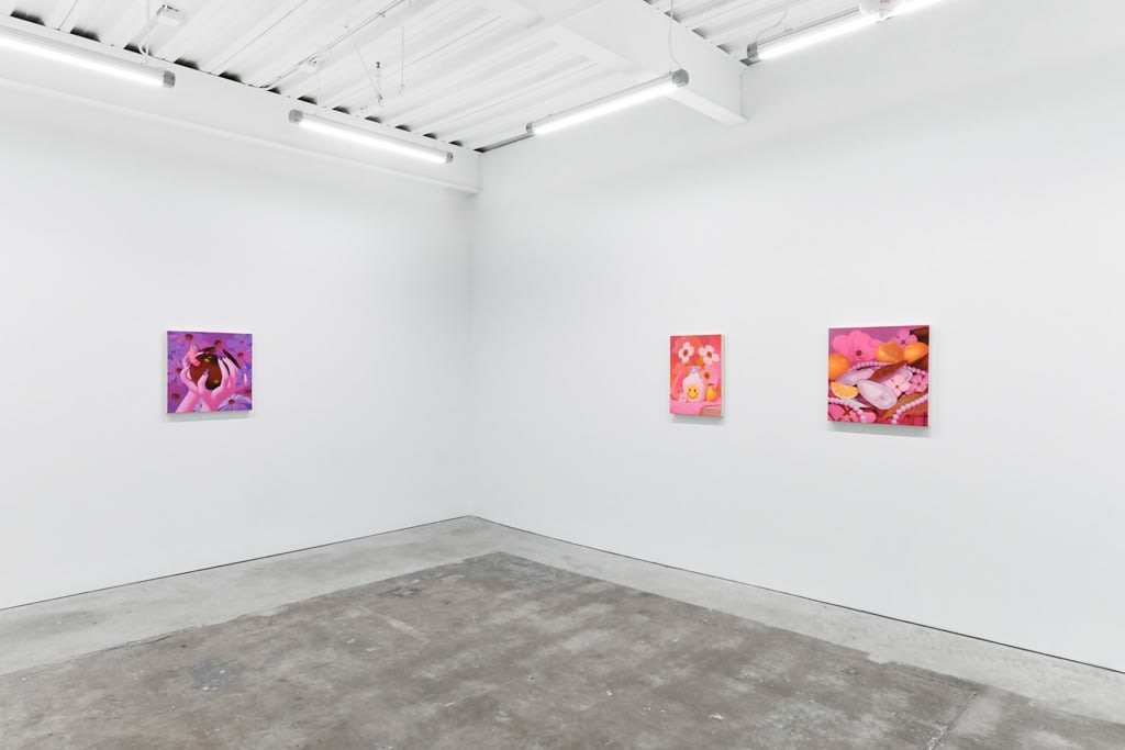 installation view of Megan Ellen MacDonald's exhibition "What Doesn't Kill You" at Hashimoto Contemporary San Francisco. From left to right: "Spoiled Rotten," "Smiling Through Sadness," and "One of Many"