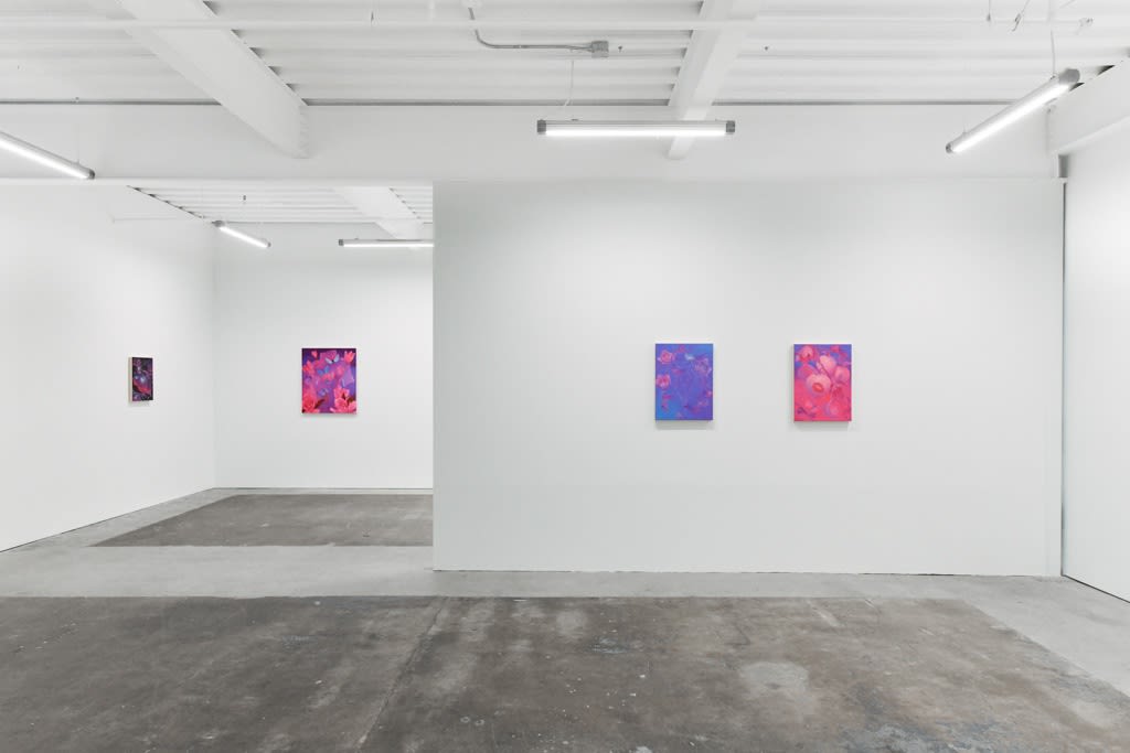 installation view of Megan Ellen MacDonald's exhibition "What Doesn't Kill You" at Hashimoto Contemporary San Francisco. From left to right: "Flutter," "Blue Period," and "Soft Edge, Sharp Curve."