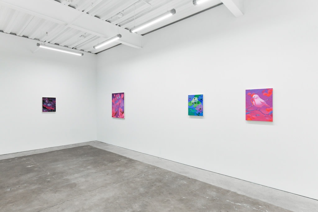 installation view of Megan Ellen MacDonald's exhibition "What Doesn't Kill You" at Hashimoto Contemporary San Francisco. From left to right: "Thick Skin," "Flutter," "Double Trouble," and "Gummy Worm."