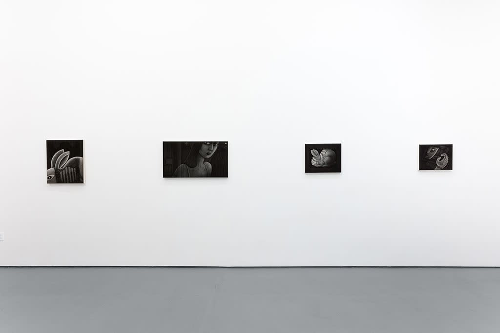 Installation view of Angela Fang Zirbes exhibition "House & Ghosts" featuring two greyscale paintings on a white wall