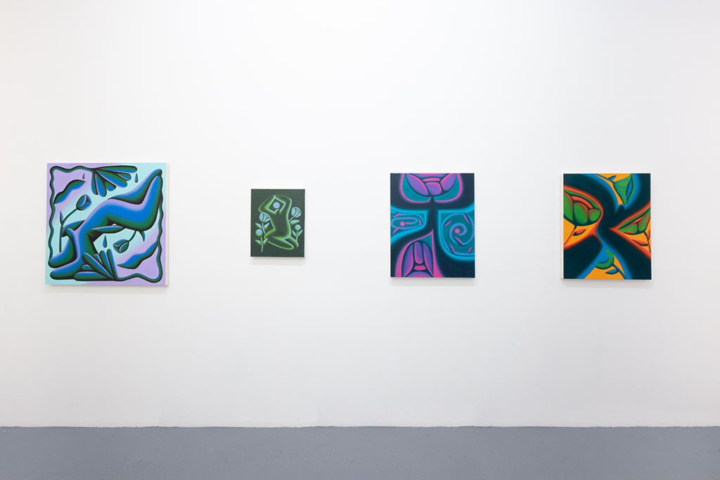installation picture of Jocelyn Tsaih's "The Garden is Open" featuring a white wall with four paintings