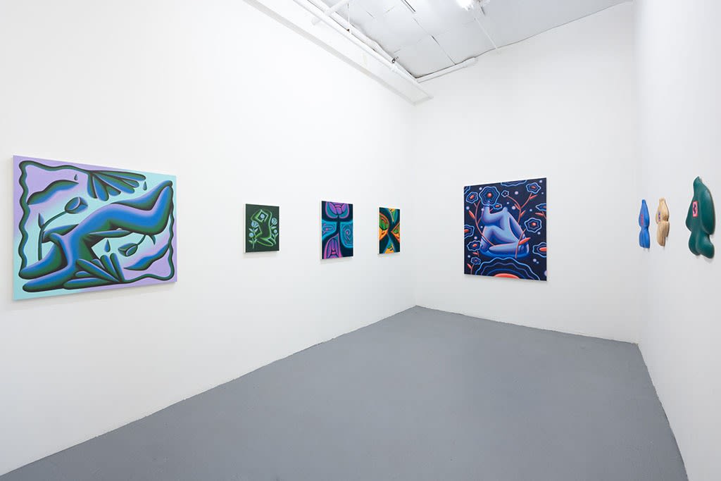 installation picture of Jocelyn Tsaih's "The Garden is Open" featuring 5 painting on white walls