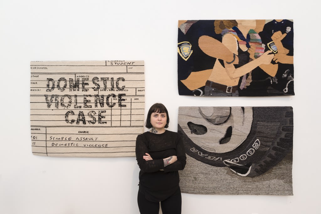 Portrait of Erin M. Riley's at her exhibition "Simple" at Hashimoto Contemporary SF