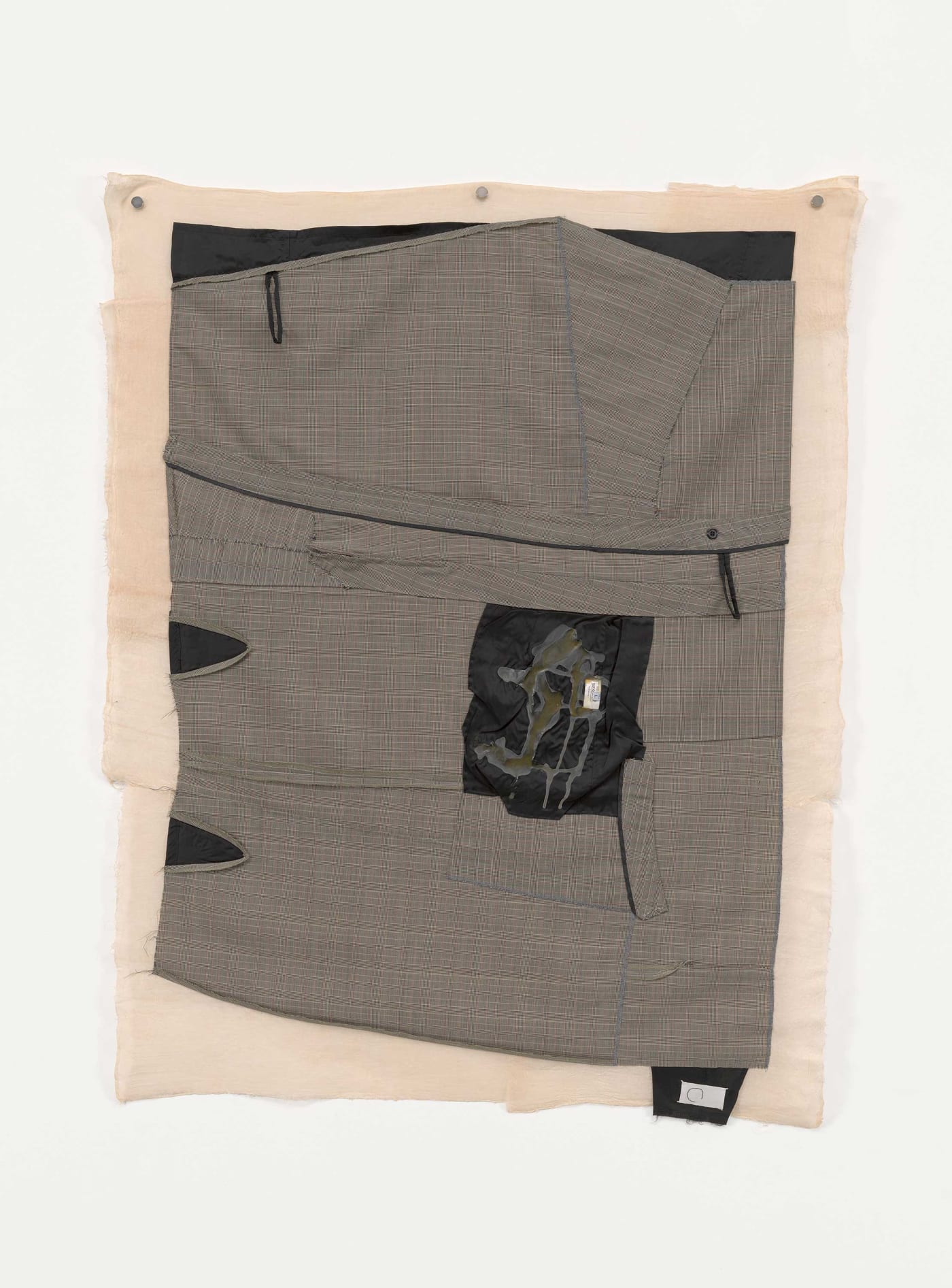 After Cutting, 2024 Martin Margiela wool suiting skirt and lining 2000-2001, polyester thread, cotton muslin, acrylic paint, latex 130x99cm