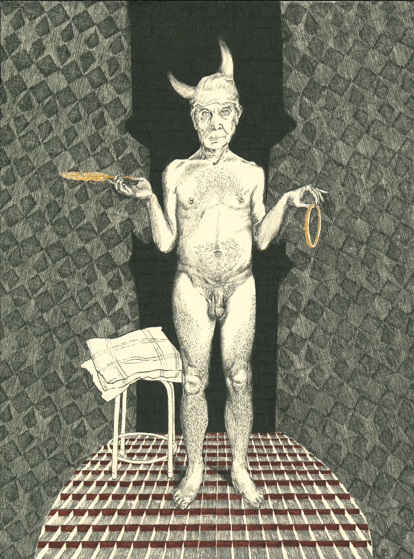 Hommage à Pan IV by Peter Depelchin, 2020, Pen, Chinese ink, water paint and gold ink on Arches cream paper, 31x23cm