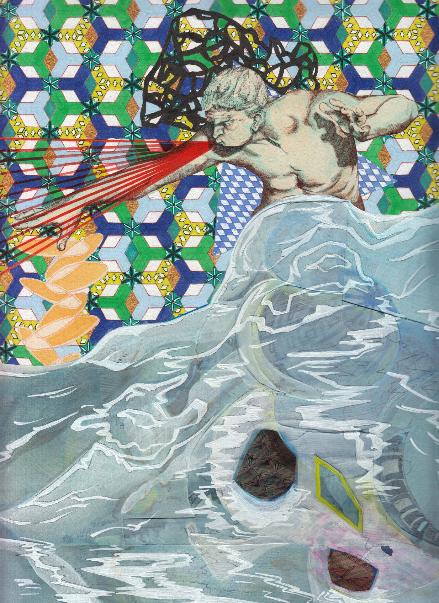 Boreas, North Wind by Peter Depelchin, 2020, mixed media and collage on Arches cream paper, 31x23cm
