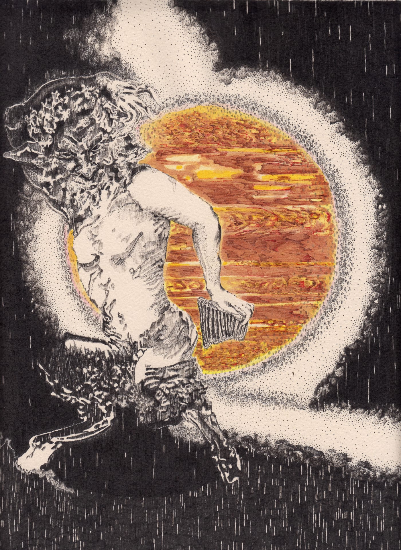 Hommage à Pan II by Peter Depelchin, 2020, Pen, Chinese ink, water paint and gold ink on Arches cream paper, 31x23cm