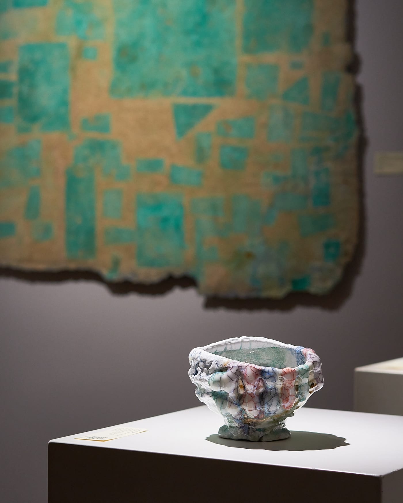 Yasue Maetake Printed Oxidation on Fiber Relief XIII, 2018-2022 Verdigris on boiled and beaten Kozo, Gampi, Cotton linter H49 1/2 x W53 x D2 in H125.7 x W134.6 x D5.1 cm (A25443) Kodai Ujiie 1990-presentCeladon Lacquer Tea Bowl Ceramic H4 3/8 x W5 7/8 x D5 7/8 in H11 x W15 x D15 cm (C24865)