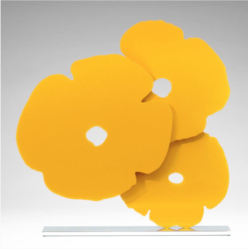 Donald Sultan YELLOW POPPIES 2017 Shaped Aluminum with Yellow Powder Coat on Polished Aluminum Base 25x24x4 inches