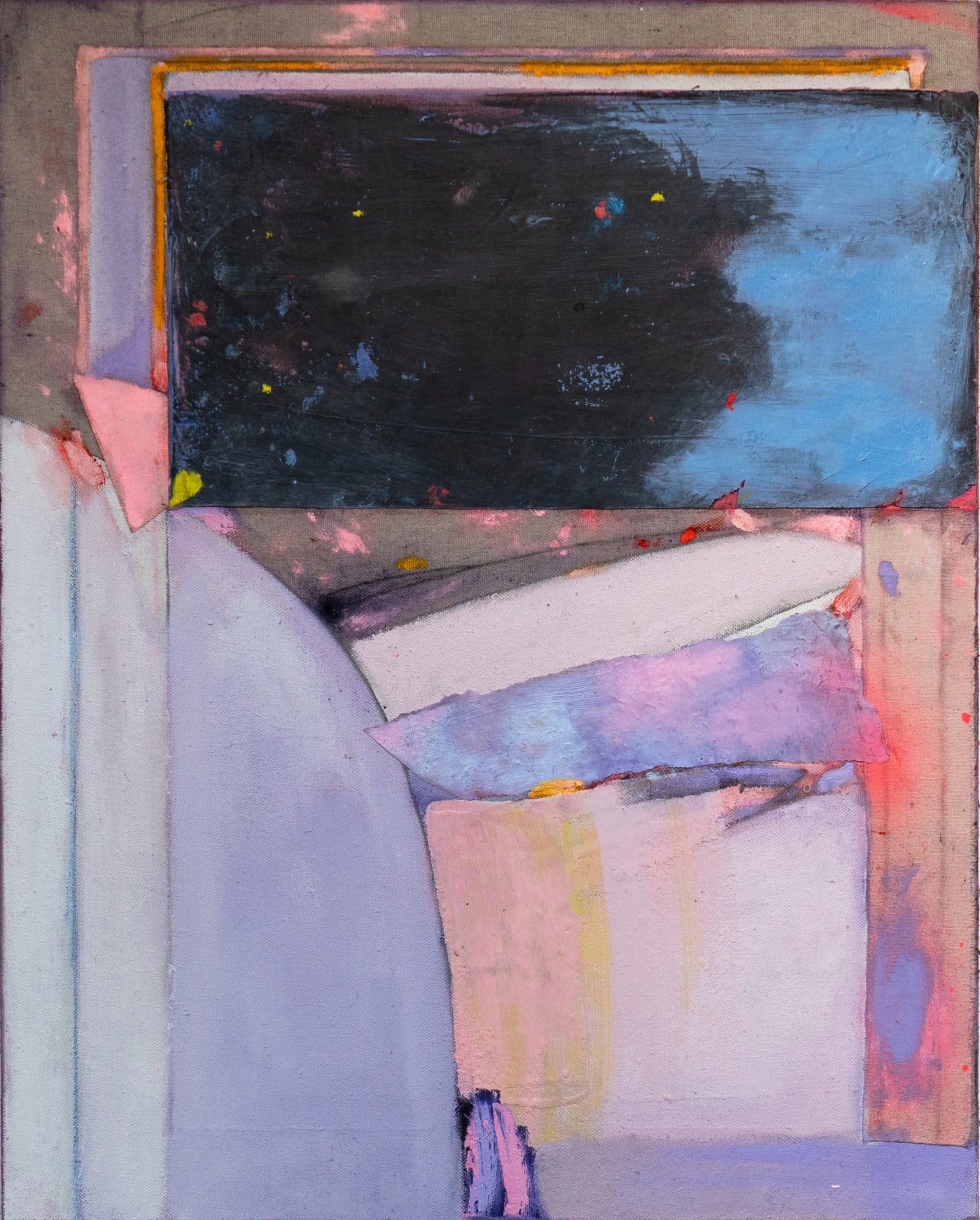 Dana James, Nintendo in the Neon Sky, 2024, Oil, encaustic, collage on canvas, 76.2 × 61 cm / 30 × 24 in