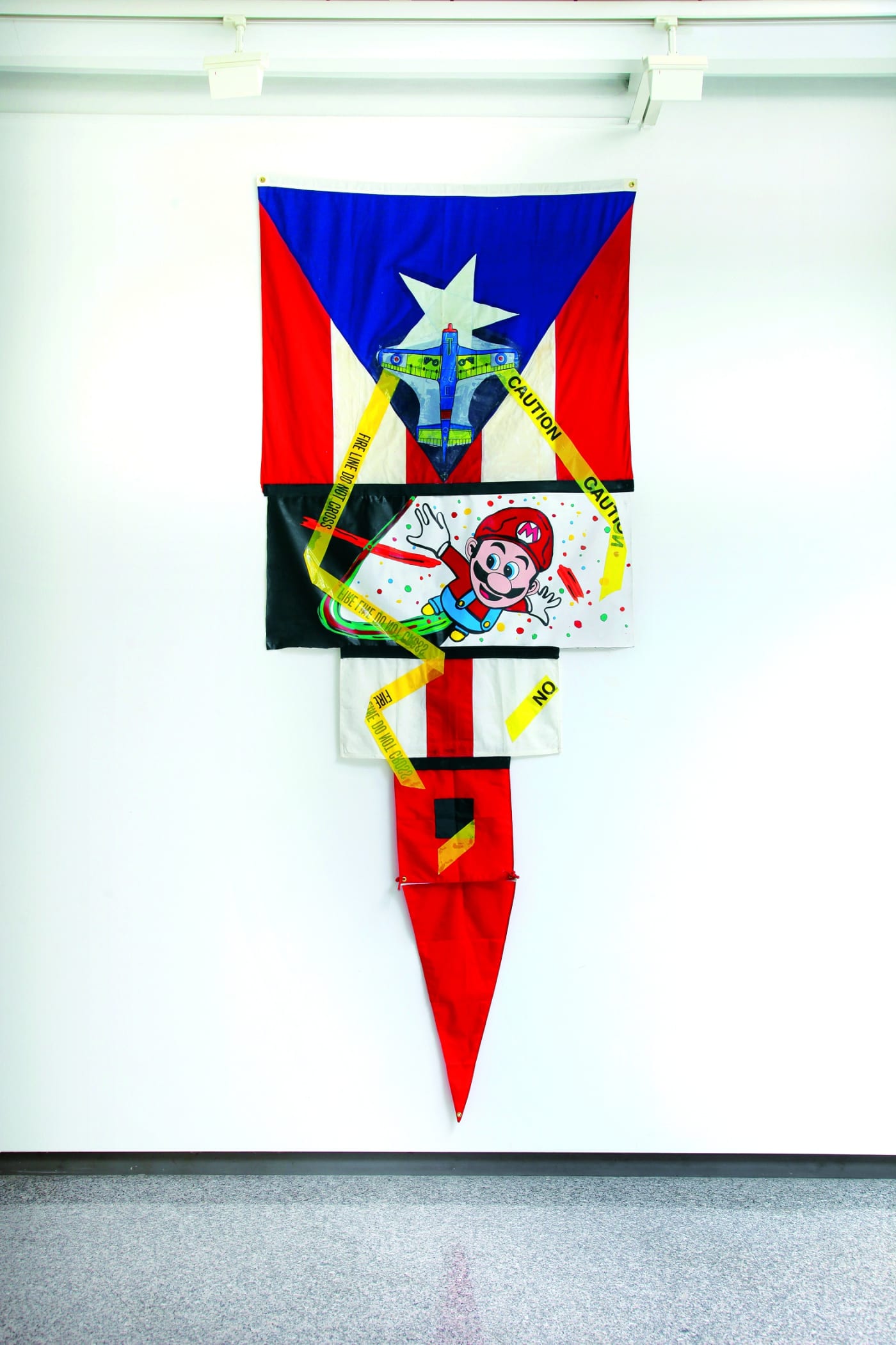 Super Mario, 2001, acrilico e collage su bandiera, cm 367x144