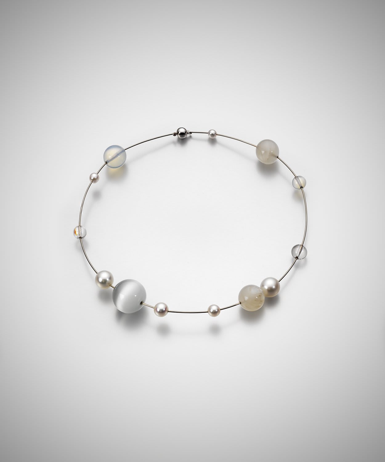 Mariko Mori Planets Necklace, 2013 18ct white gold, south sea pearls, akoya pearls, opal glass, aurora bead and pearl crystal bead Diameter: 15cm Edition of 5