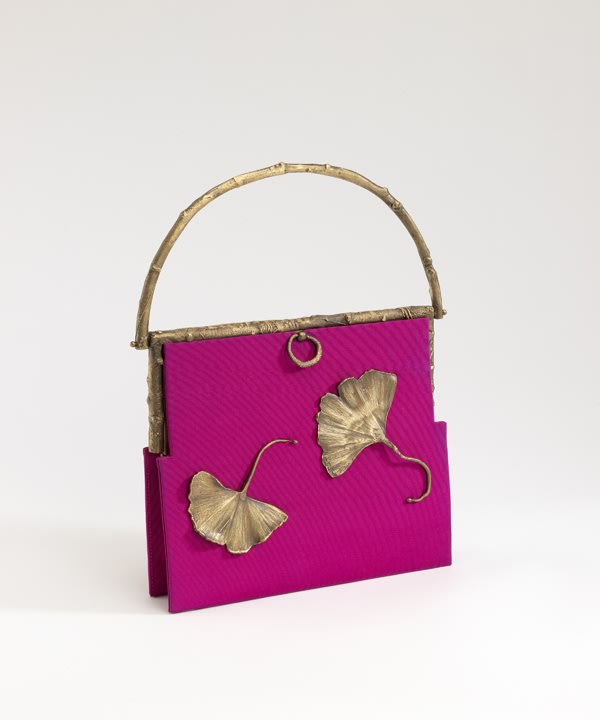 Ginko Leaf Bag, ca. 1970-80, Evening Bag, pink silk and bronze dore