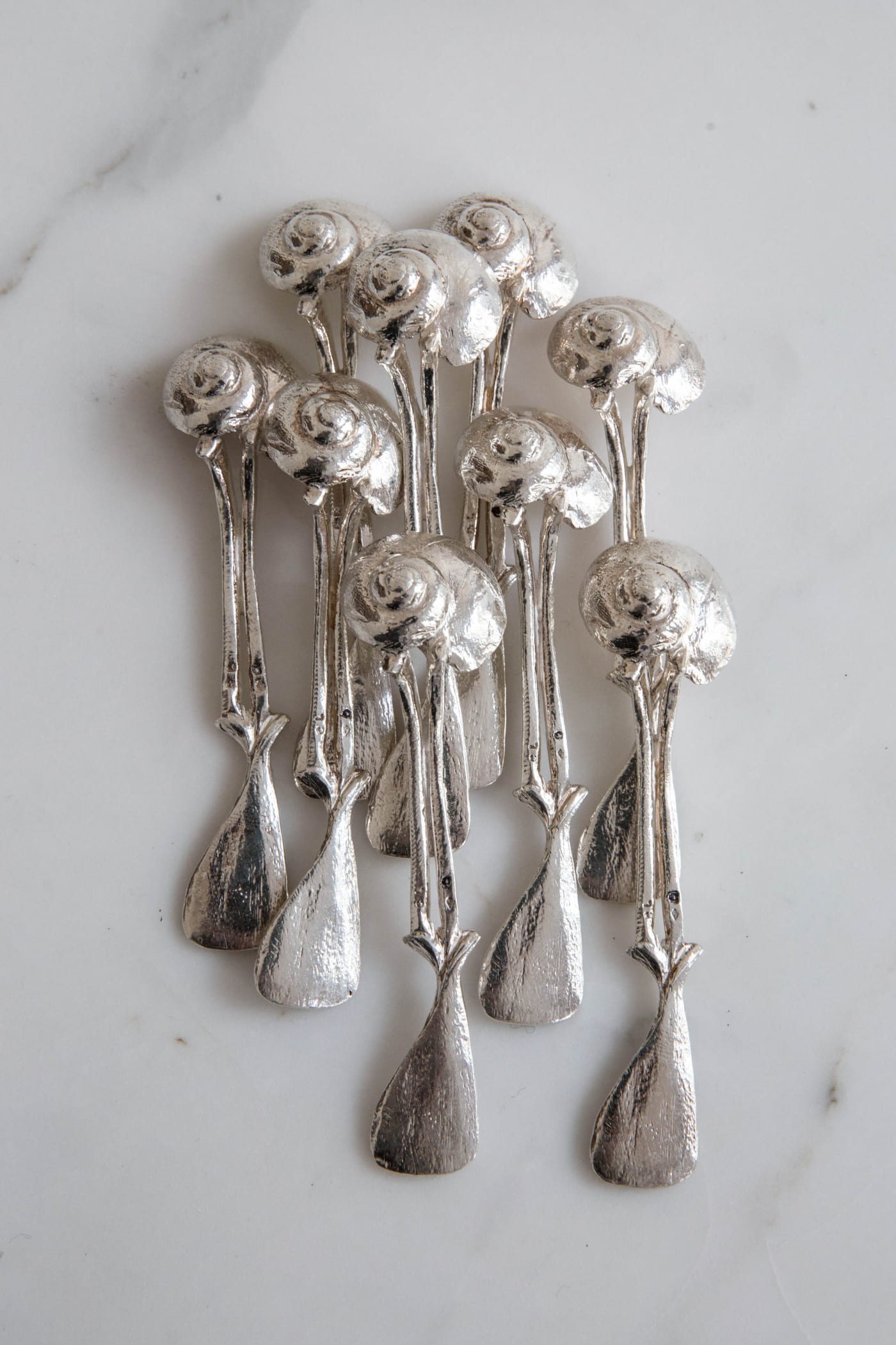 Snail Shell, Spoons, polished gilded silver