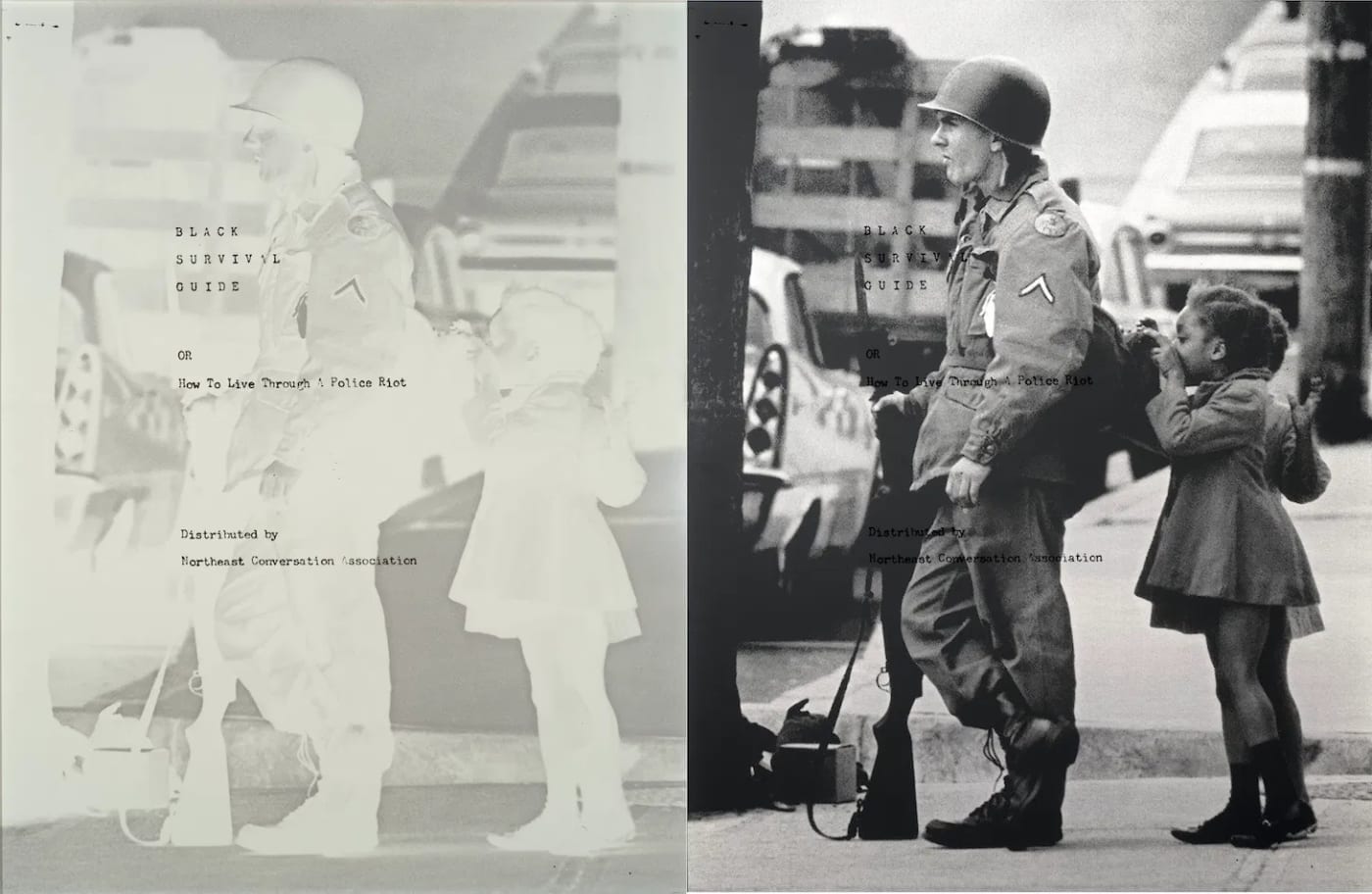 Hank Willis Thomas, “First stages” (2018), from Black Survival Guide, or How to Live Through a Police Riot, screen print on retroreflective vinyl with aluminum backing, photograph of Wilmington riots and National Guard occupation by Frank Fahey, 1968 (courtesy of the News Journal), text from Northeast Conservation Association, Black Survival Guide, or How to Live Through a Police Riot, c. 1960s (courtesy of the Delaware Historical Society), 62 x 48 inches; commissioned by the Delaware Art Museum (© Hank Willis Thomas; all images courtesy the artist and Delaware Art Museum)