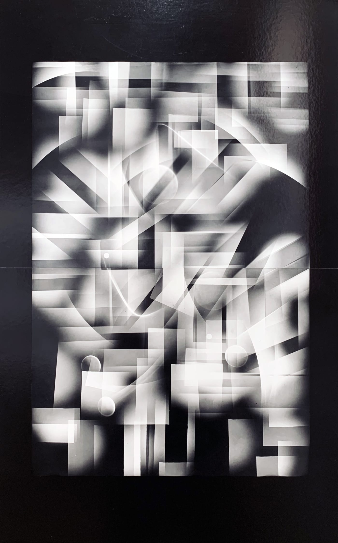 Under and above, New York City, the abstract Luminogram print reflecting vibes of New York City subway, criss cross girders, Unique fine art print by Michael G jackson at MMX Gallery, Ato>Mic exhibition, mounted on aluminium
